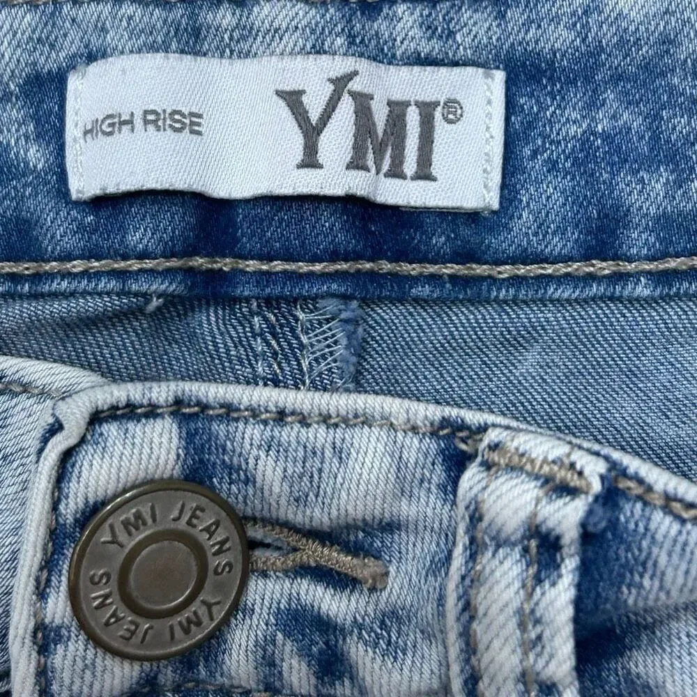 YMI Vtg Denim Shorts Women's Junior 7/28 Blue High Rise Acid Wash Rolled Cuffs